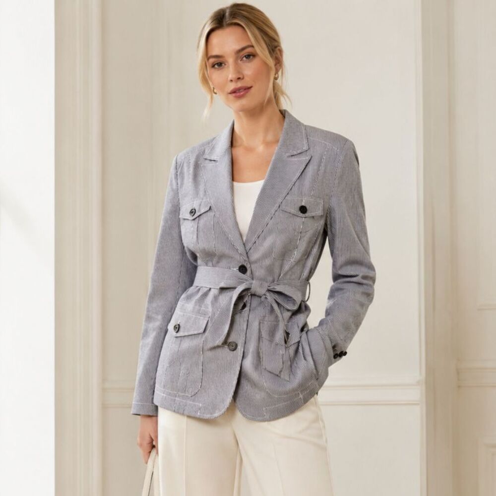 Tommy Hilfiger Pinstripe Jackets Sz Medium Blue White Belted Lightweight Blazer